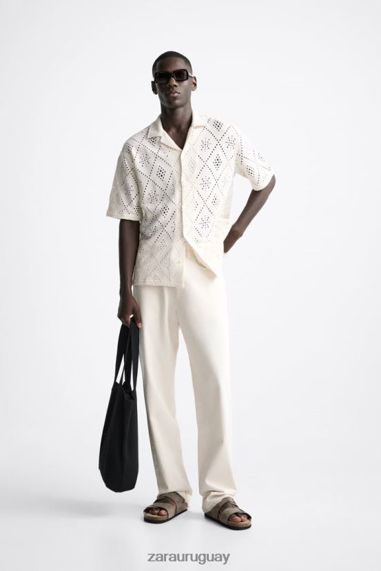 Zara camisa con textura de crochet hombres H6RHL21012 ostra blanca ropa