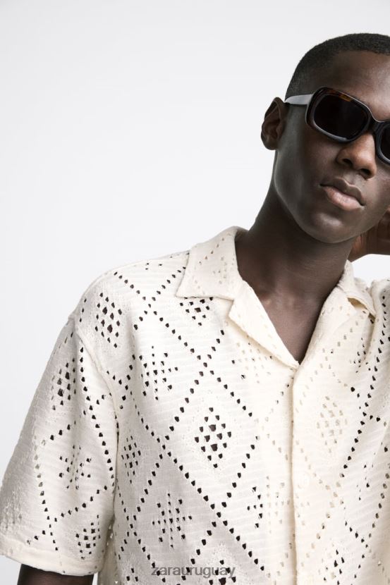 Zara camisa con textura de crochet hombres H6RHL21012 ostra blanca ropa