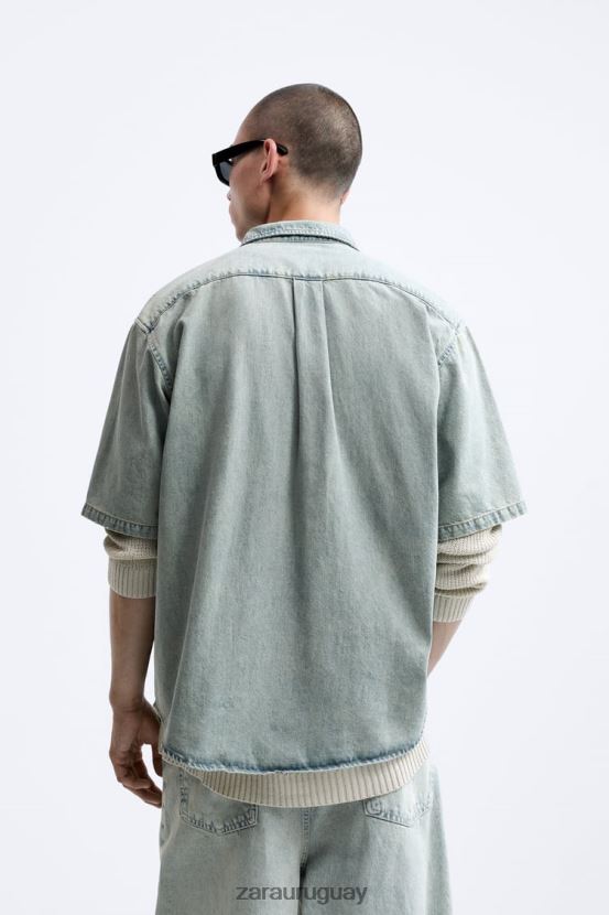 Zara camisa vaquera con bolsillo hombres H6RHL2985 azul ropa