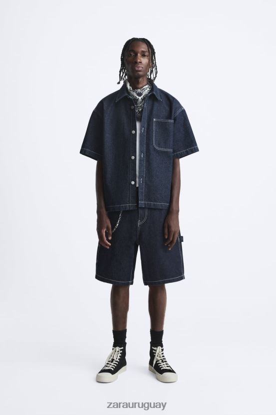 Zara camisa vaquera con costuras hombres H6RHL2978 azul ropa