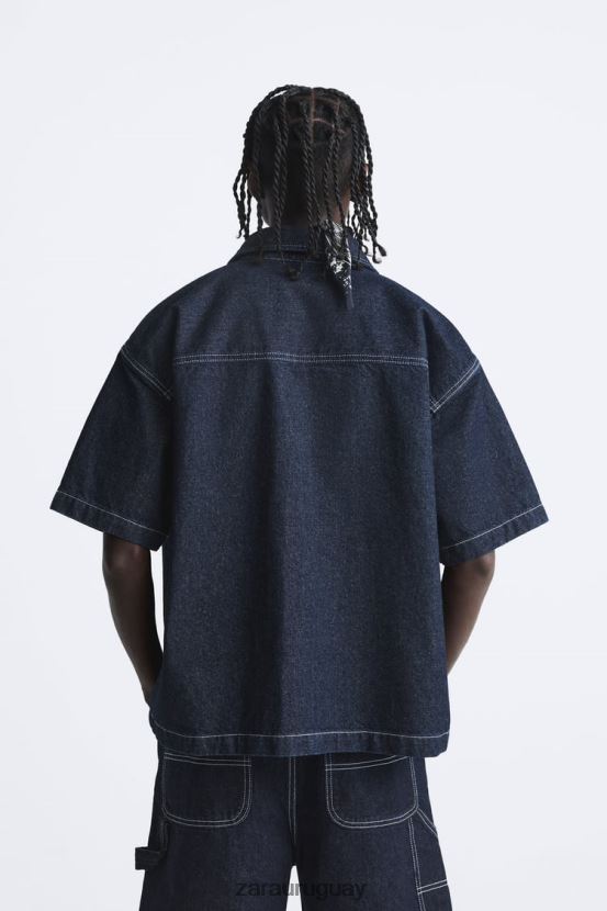 Zara camisa vaquera con costuras hombres H6RHL2978 azul ropa