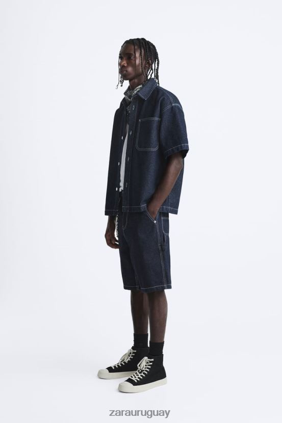 Zara camisa vaquera con costuras hombres H6RHL2978 azul ropa