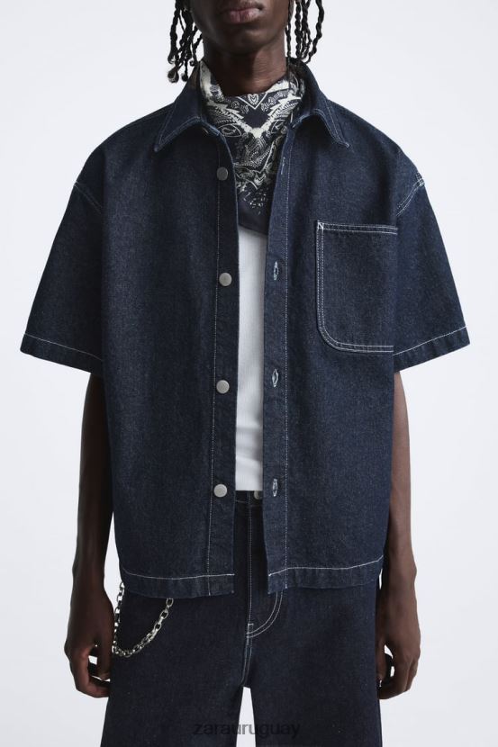 Zara camisa vaquera con costuras hombres H6RHL2978 azul ropa