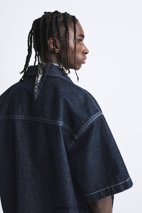 Zara camisa vaquera con costuras hombres H6RHL2978 azul ropa