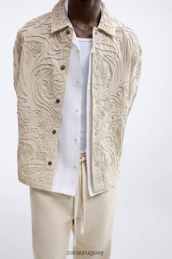 Zara sobrecamisa con bordado en relieve hombres H6RHL21176 beige ropa