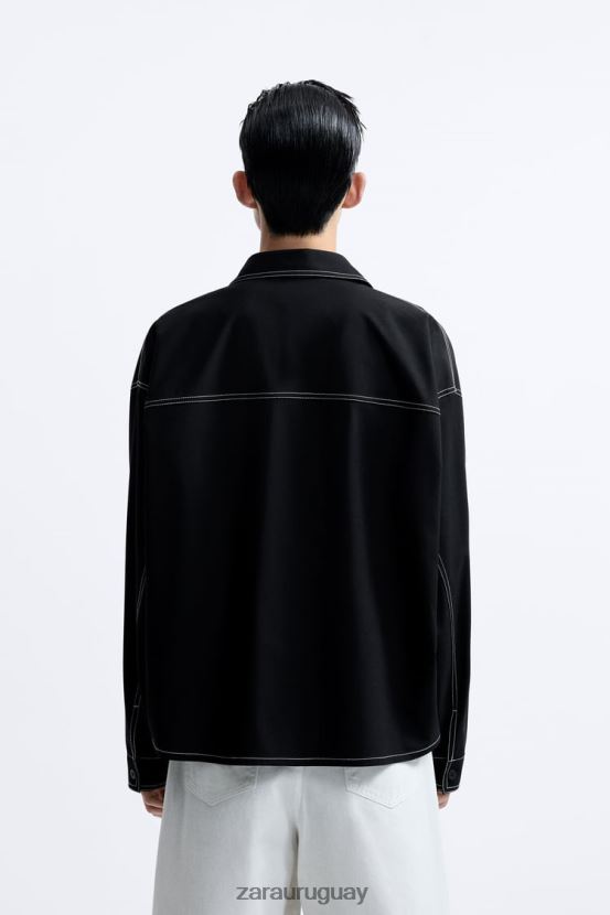 Zara sobrecamisa con pespuntes en contraste hombres H6RHL21180 negro ropa