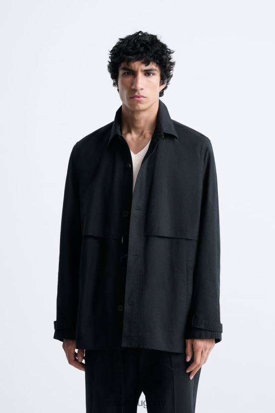 Zara sobrecamisa de algodón - lino hombres H6RHL21173 gris antracita ropa