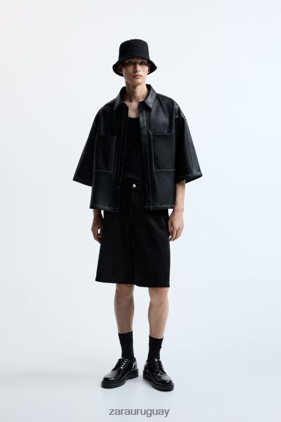 Zara sobrecamisa de piel sintética hombres H6RHL21181 negro ropa