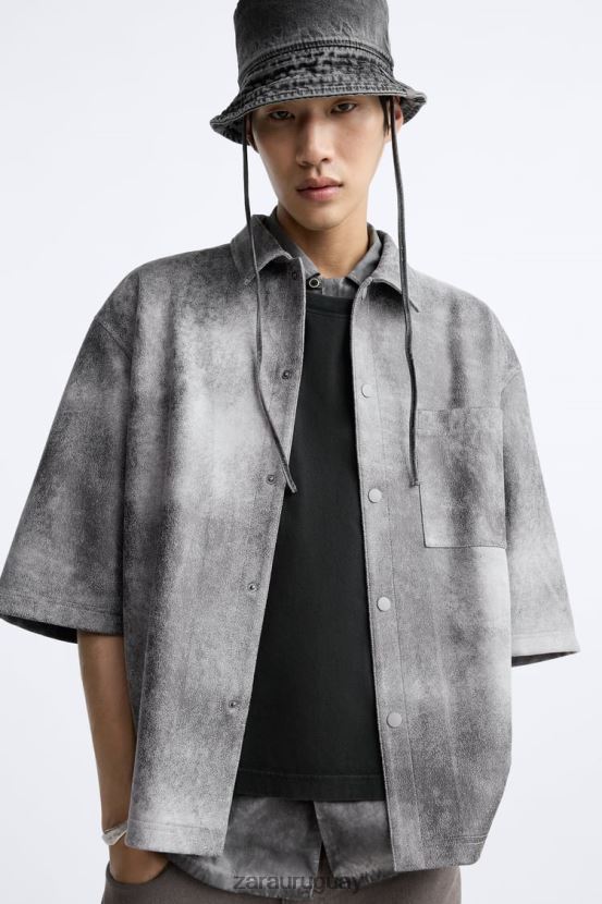 Zara sobrecamisa lavada de ante sintético hombres H6RHL21169 gris antracita ropa