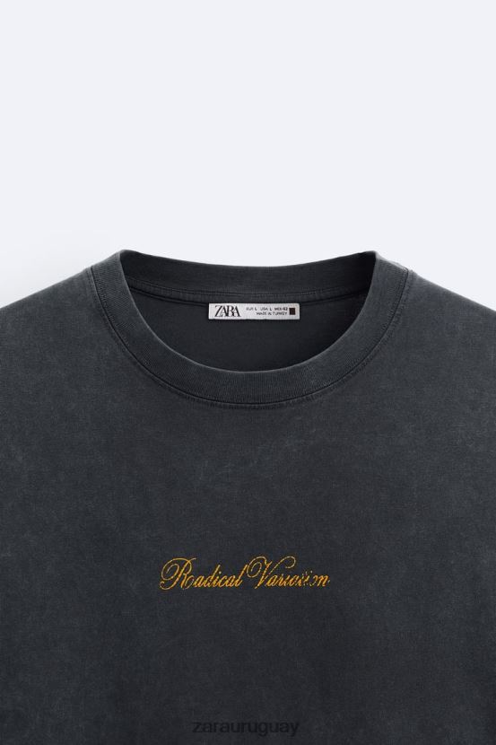 Zara camiseta con estampado de texto hombres H6RHL21208 gris antracita ropa