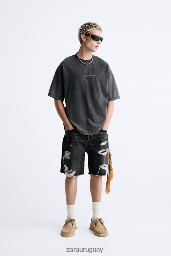 Zara camiseta con texto lavado ácido hombres H6RHL21214 negro descolorido ropa