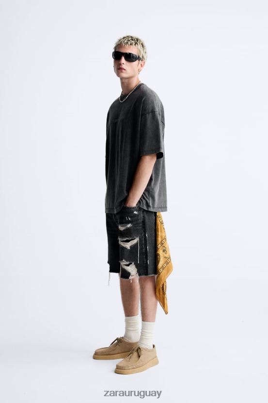 Zara camiseta con texto lavado ácido hombres H6RHL21214 negro descolorido ropa