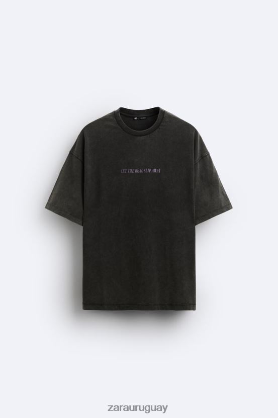 Zara camiseta con texto lavado ácido hombres H6RHL21214 negro descolorido ropa