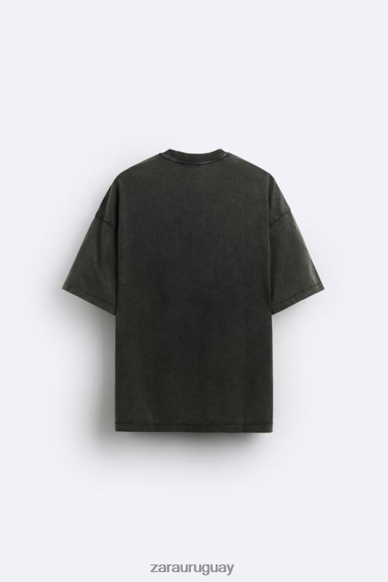 Zara camiseta con texto lavado ácido hombres H6RHL21214 negro descolorido ropa