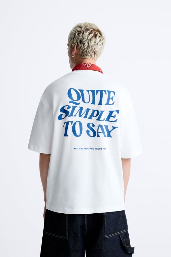 Zara camiseta con texto mixto hombres H6RHL21215 blanco ropa