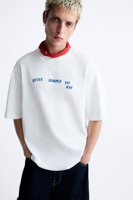 Zara camiseta con texto mixto hombres H6RHL21215 blanco ropa