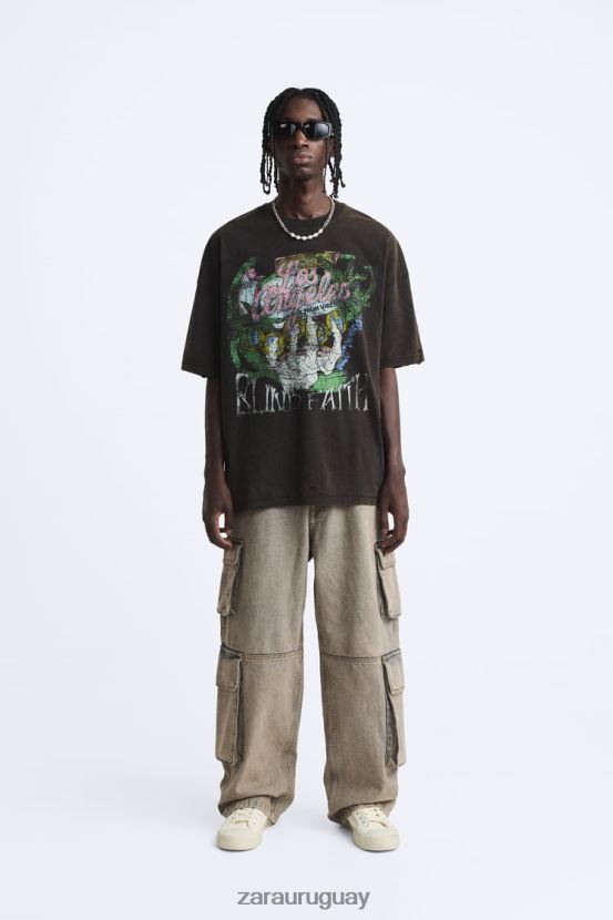 Zara camiseta estampada lavada hombres H6RHL21206 marrón ropa