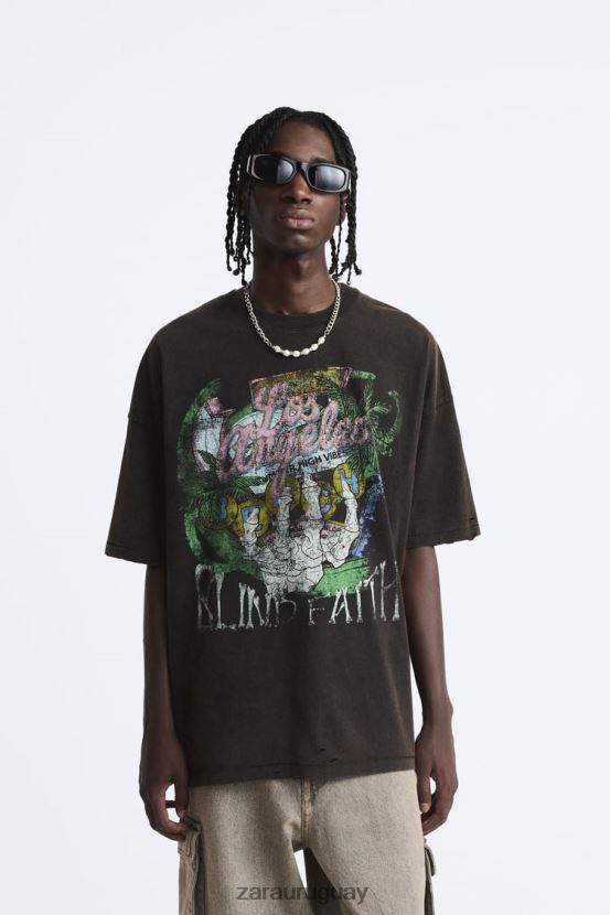 Zara camiseta estampada lavada hombres H6RHL21206 marrón ropa