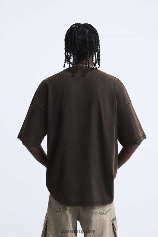 Zara camiseta estampada lavada hombres H6RHL21206 marrón ropa