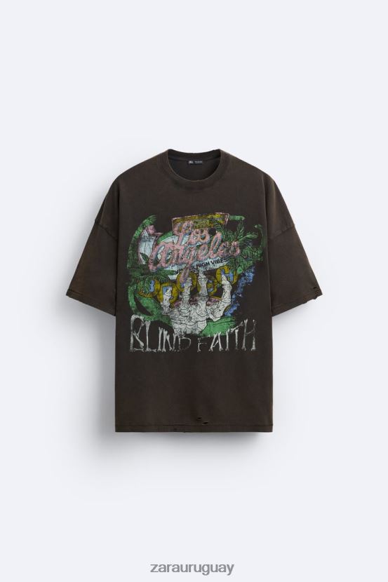 Zara camiseta estampada lavada hombres H6RHL21206 marrón ropa