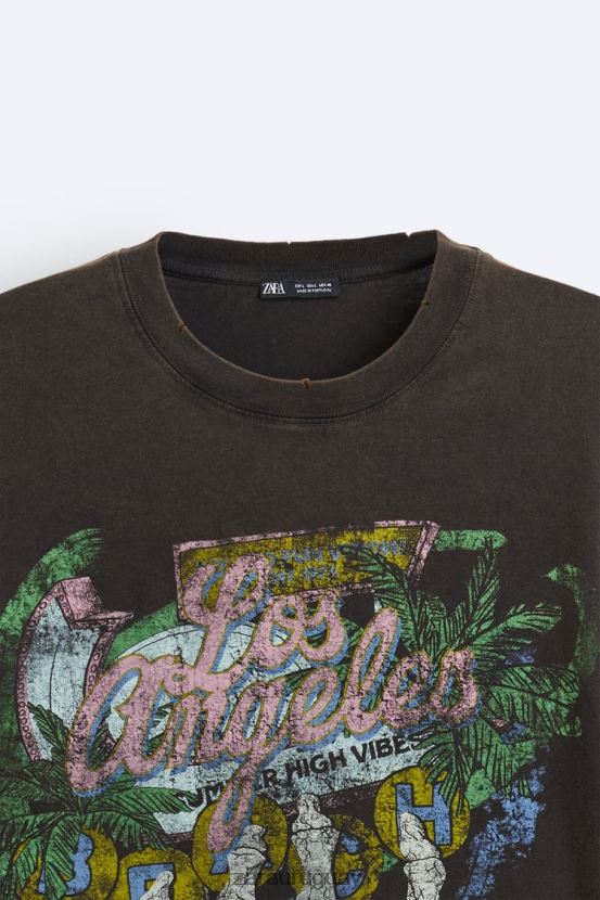 Zara camiseta estampada lavada hombres H6RHL21206 marrón ropa