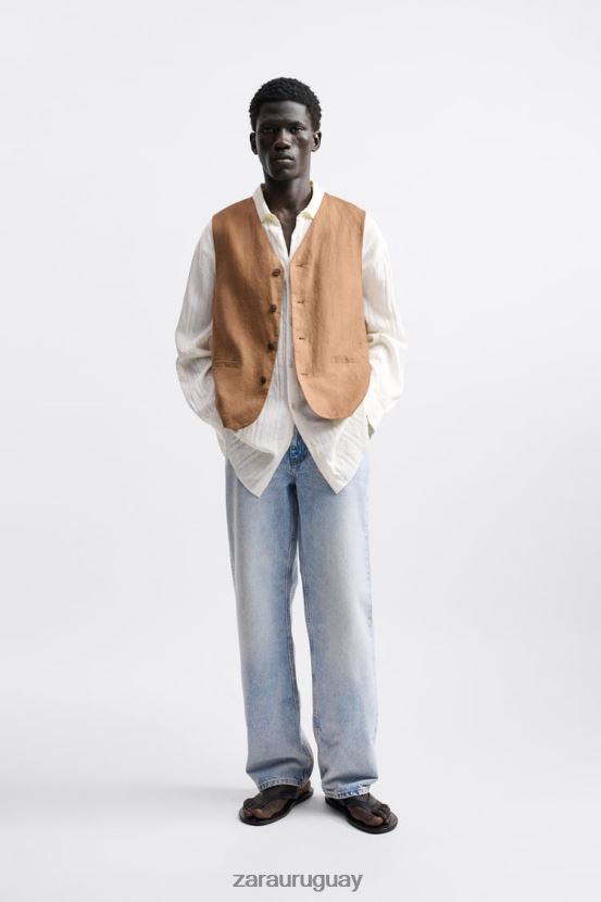 Zara Chaleco 100% lino hombres H6RHL21157 terracota ropa
