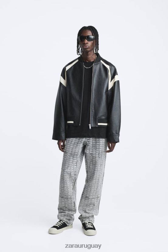 Zara chaqueta bomber de piel sintética en contraste hombres H6RHL21110 negro ropa