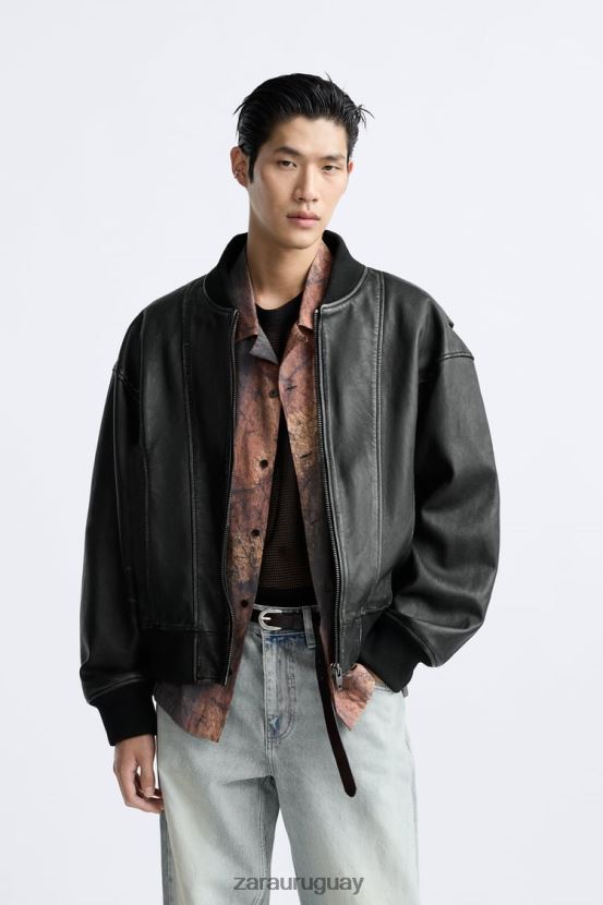 Zara chaqueta de cuero vintage hombres H6RHL21114 negro ropa