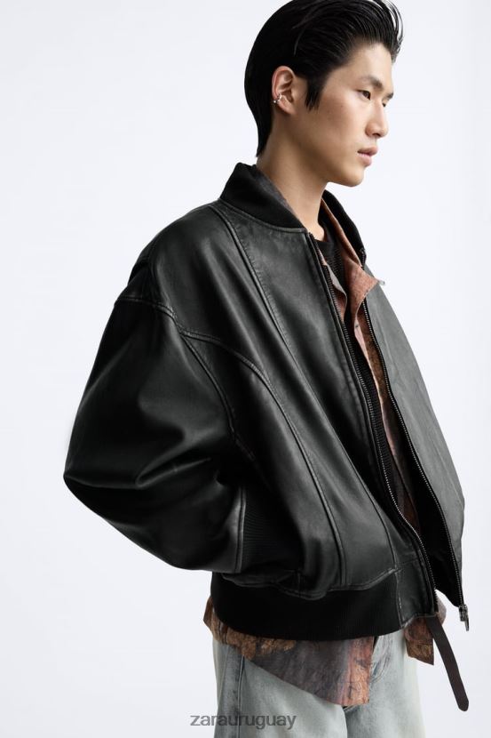 Zara chaqueta de cuero vintage hombres H6RHL21114 negro ropa