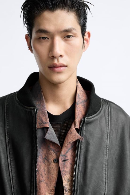 Zara chaqueta de cuero vintage hombres H6RHL21114 negro ropa