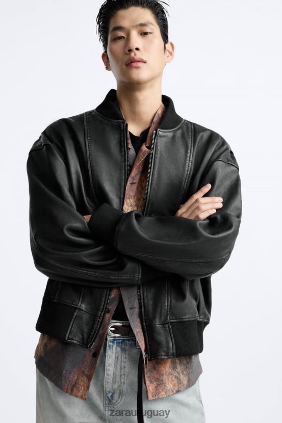 Zara chaqueta de cuero vintage hombres H6RHL21114 negro ropa