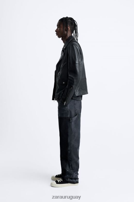 Zara chaqueta motera de cuero hombres H6RHL21113 negro ropa