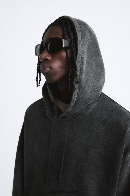 Zara sudadera con capucha y corte cuadrado hombres H6RHL21051 gris oscuro ropa