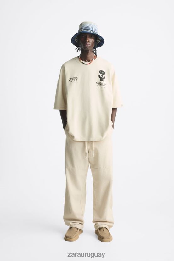 Zara sudadera con texto estampado hombres H6RHL21074 crudo ropa