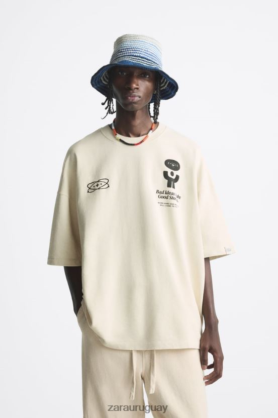 Zara sudadera con texto estampado hombres H6RHL21074 crudo ropa