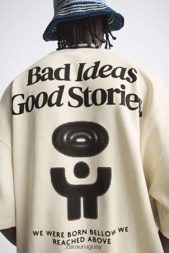 Zara sudadera con texto estampado hombres H6RHL21074 crudo ropa