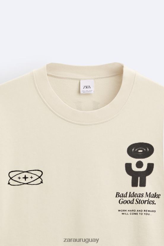 Zara sudadera con texto estampado hombres H6RHL21074 crudo ropa