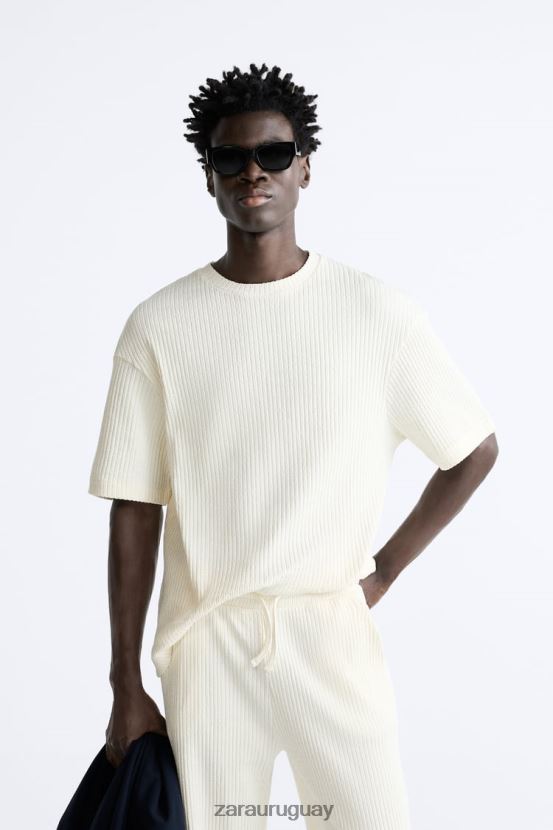 Zara sudadera de canalé hombres H6RHL21063 ostra blanca ropa