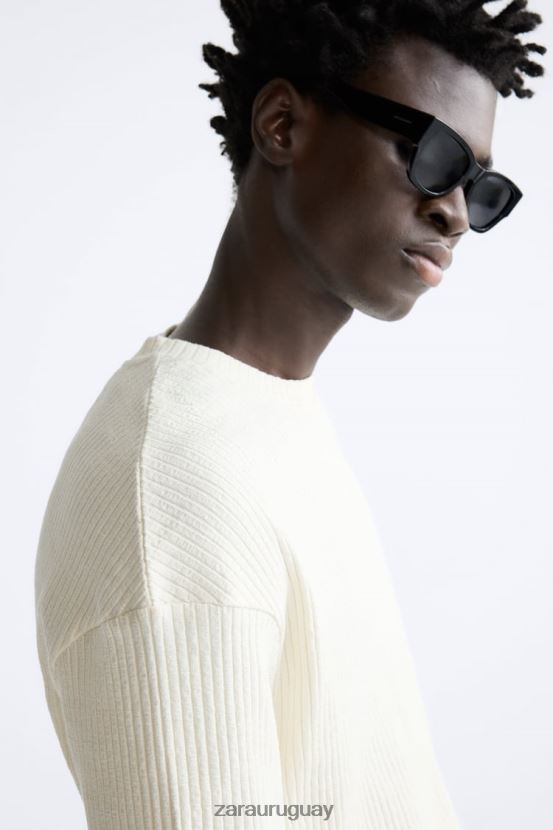 Zara sudadera de canalé hombres H6RHL21063 ostra blanca ropa