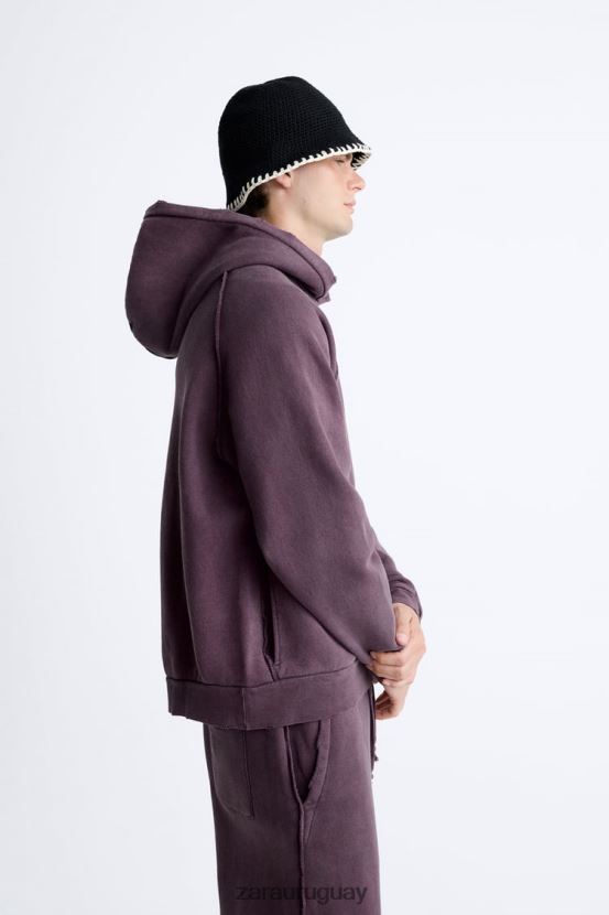 Zara sudadera lavada con rotos hombres H6RHL21055 granate ropa