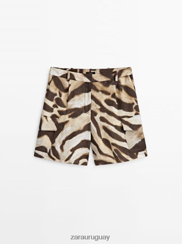 Zara bermudas cargo de lino con estampado animal mujer H6RHL2843 marrón ropa