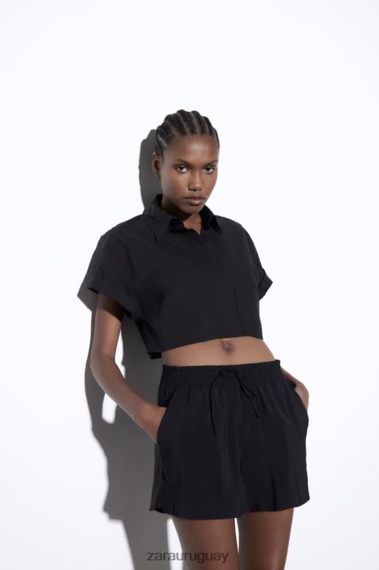 Zara pantalones cortos con cordón mujer H6RHL2619 negro ropa