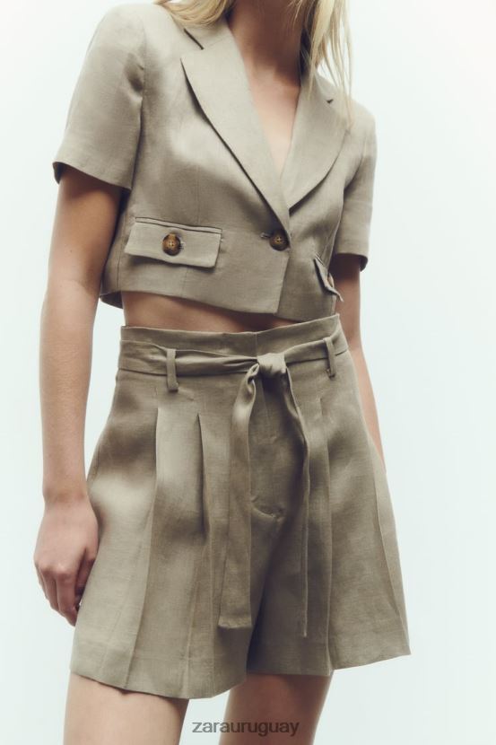 Zara pantalones cortos de lino atados mujer H6RHL2616 beige ropa