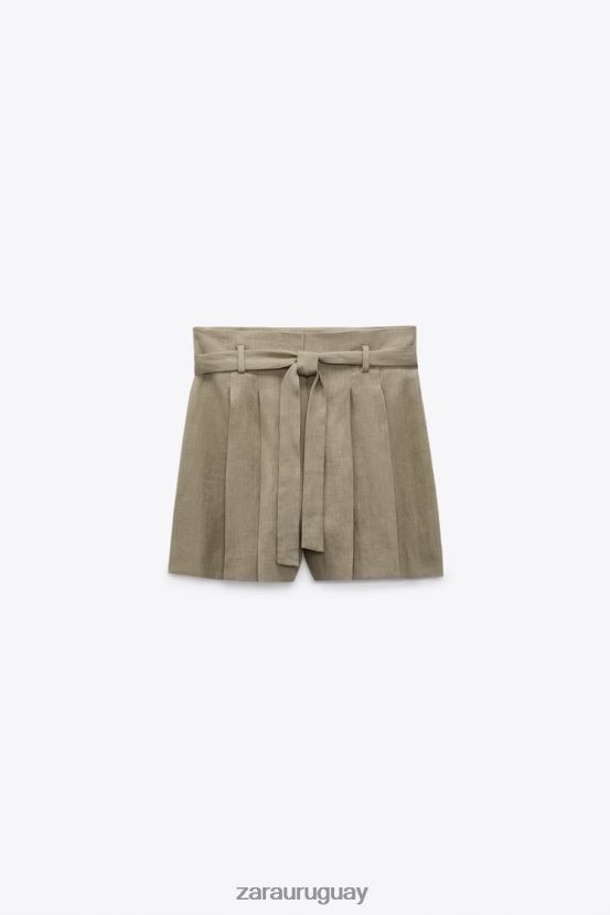 Zara pantalones cortos de lino atados mujer H6RHL2616 beige ropa