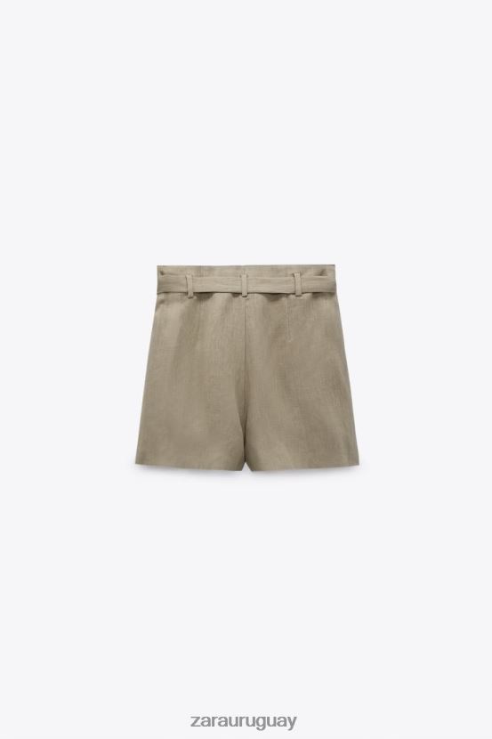 Zara pantalones cortos de lino atados mujer H6RHL2616 beige ropa