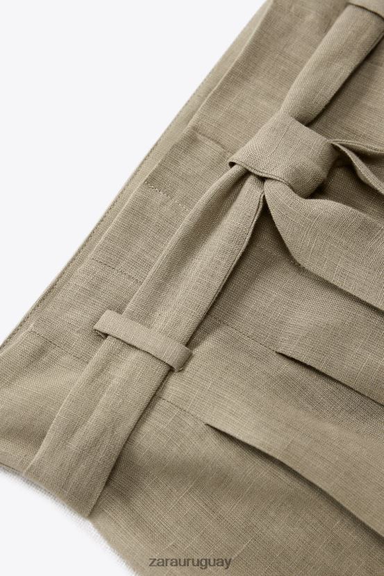 Zara pantalones cortos de lino atados mujer H6RHL2616 beige ropa