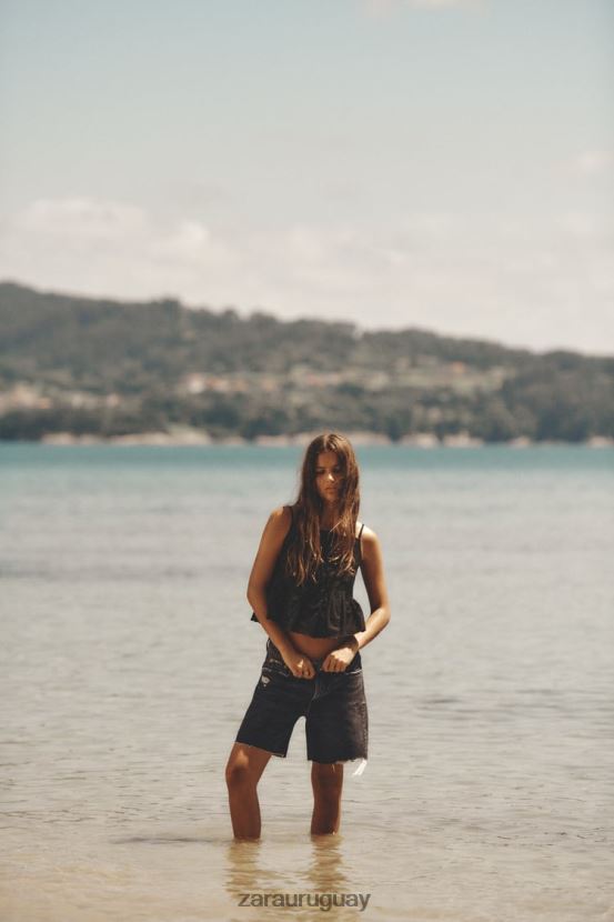 Zara pantalones cortos de mezclilla holgados trf mujer H6RHL2558 gris antracita ropa