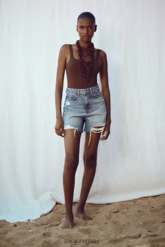 Zara pantalones cortos de mezclilla rasgados z1975 mujer H6RHL2555 azul medio ropa