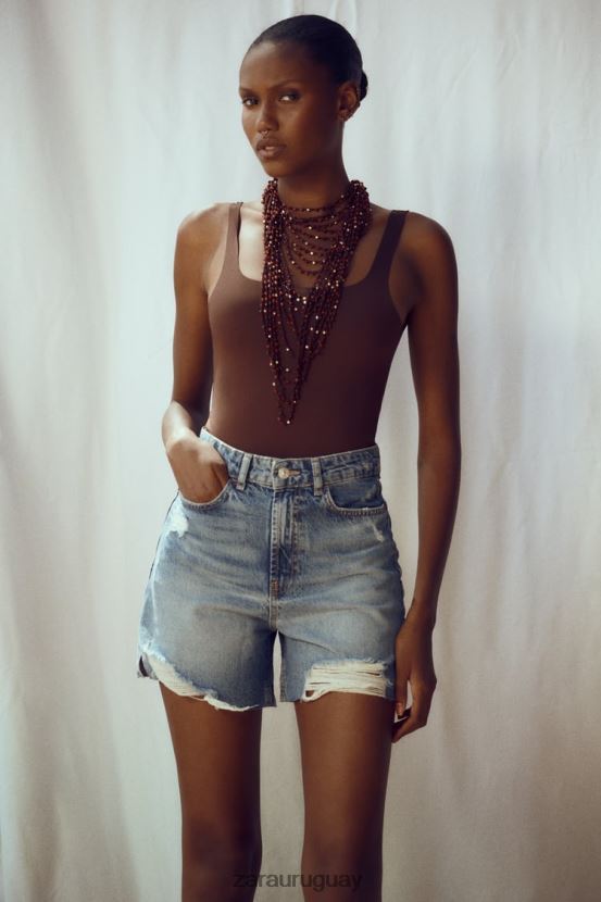 Zara pantalones cortos de mezclilla rasgados z1975 mujer H6RHL2555 azul medio ropa