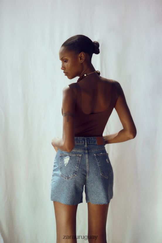 Zara pantalones cortos de mezclilla rasgados z1975 mujer H6RHL2555 azul medio ropa